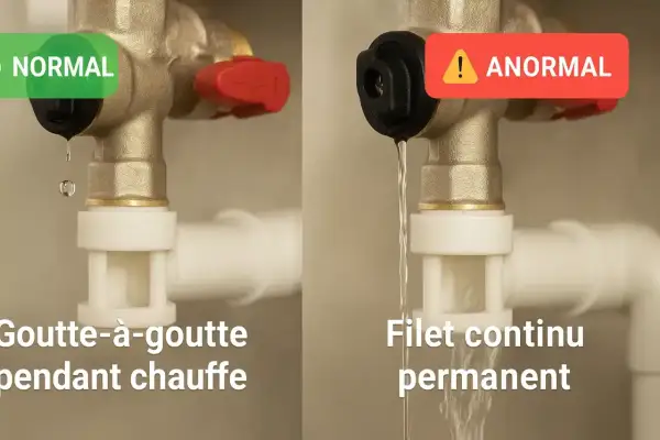 Comparaison : goutte à goutte normal pendant le chauffage vs. filet continu anormal. Un groupe de sécurité est essentiel pour éviter les fuites.