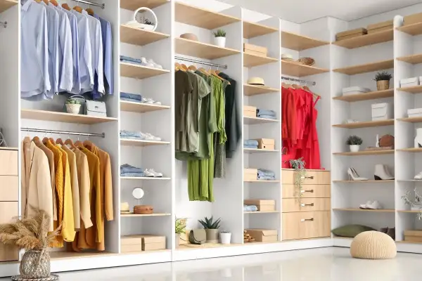 Un dressing bien organisé avec des vêtements suspendus et pliés, des chaussures et des accessoires. Un plan dressing dimensionné pour optimiser l'espace.