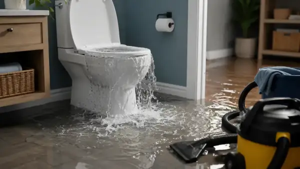 Toilettes qui débordent, inondant la salle de bain. Un aspirateur eau et poussière est prêt pour aider à comment vider l'eau des toilettes.