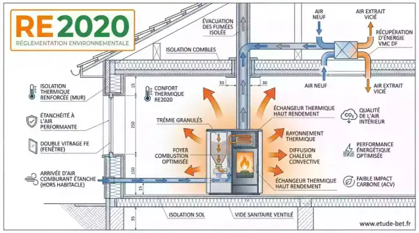 Schéma d'une maison RE2020 : poêle à bois avec conduit isolé, échangeur thermique, VMC double flux et isolation renforcée.