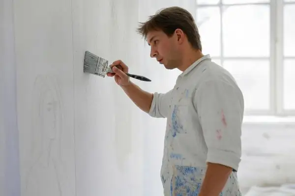 Un peintre, vêtu d'une chemise tachée, applique une couche de peinture sur un mur déjà peint, esquissant un portrait.