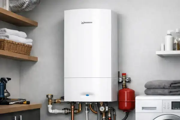 Installation chaudiere gaz moderne dans une buanderie. L'appareil blanc est fixé au mur, entouré de tuyaux et d'un réservoir rouge.