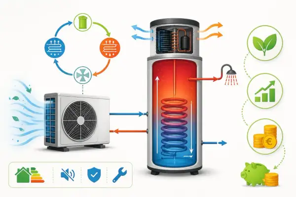 Schéma d'un chauffe-eau thermodynamique montrant son fonctionnement et ses avantages : économie, écologie, confort. La durée de vie de cet appareil est optimisée par sa conception.