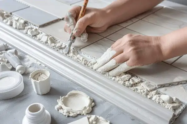 Mains gantées de poudre, on applique le joint plinthe carrelage avec soin. Outils et matériaux à portée de main pour un travail de précision.