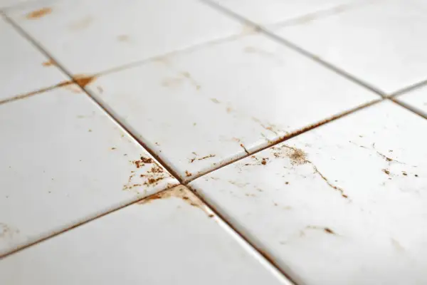 Carrelage blanc taché de rouille. Des conseils pour savoir comment enlever la rouille sur du carrelage sont nécessaires pour redonner son éclat à cette surface.