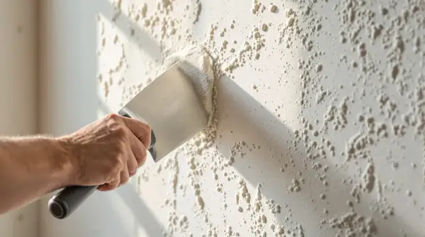 Main d'un artisan appliquant un crépi au rouleau sur un mur texturé. La lumière du soleil crée des ombres sur la surface.